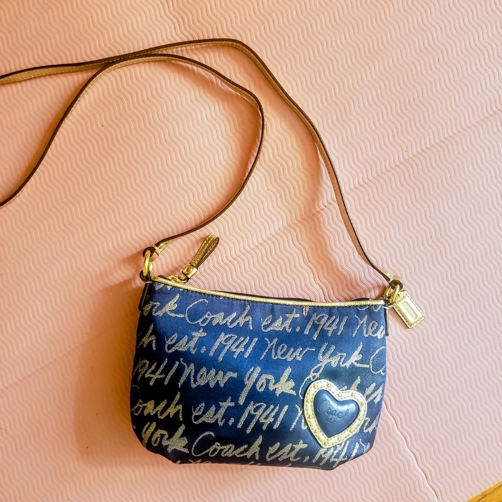 COACH Poppy Blue Gold New York Script Signature Heart Poppy Crossbody
